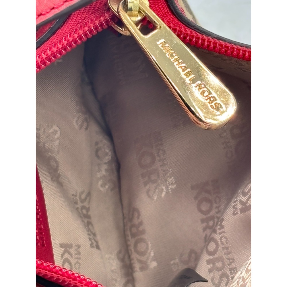 Michael Kors Jacquard Monagram Wristlet Mini Bag Red Leather Signature Lining - Picture 15 of 16